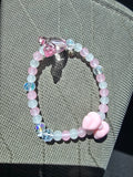 Pink Clear Blue Crystal Beaded Stretch Bracelet Bow Heart Butterfly Dangle Charm.