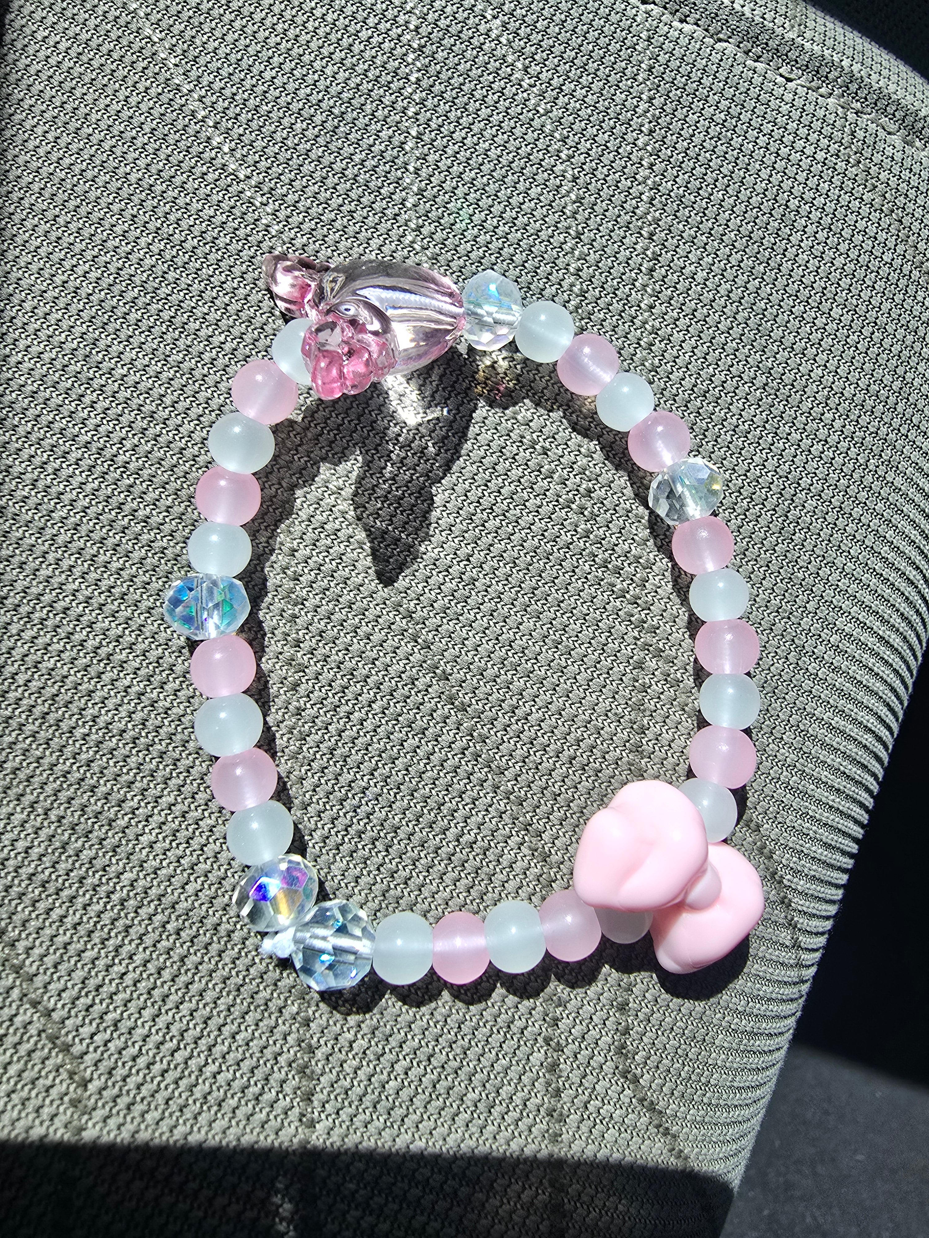 Pink Clear Blue Crystal Beaded Stretch Bracelet Bow Heart Butterfly Dangle Charm.