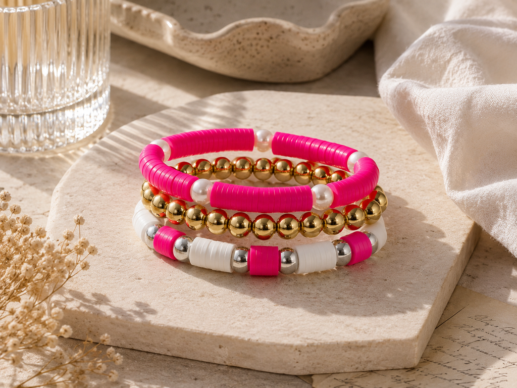 Hot Pink & Gold Summer Bracelet Stack | 3-Piece Stretch Beaded Bracelet Set