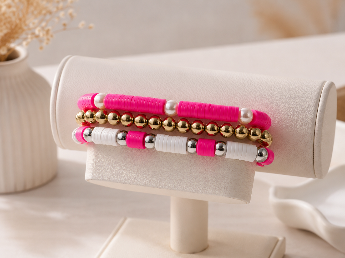 Hot Pink & Gold Summer Bracelet Stack | 3-Piece Stretch Beaded Bracelet Set