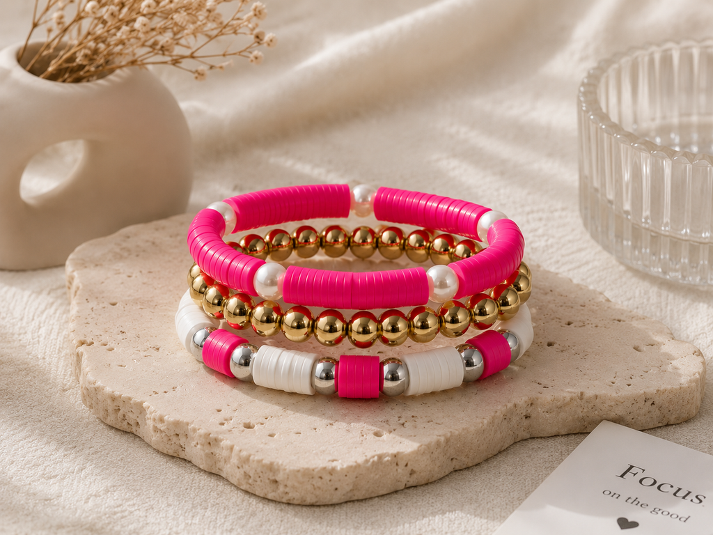 Hot Pink & Gold Summer Bracelet Stack | 3-Piece Stretch Beaded Bracelet Set